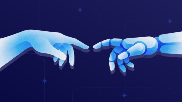 Human hand reaches toward a blue robotic hand against a dark blue background, symbolizing human–machine collaboration.
