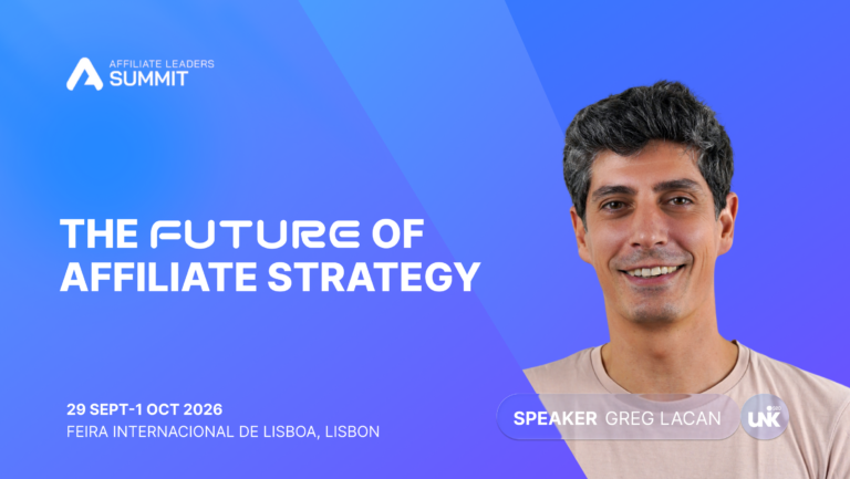 Blue gradient banner for Affiliate Leaders Summit with a smiling man on the right; large white headline 'THE FUTURE OF AFFILIATE STRATEGY' and event dates '29 SEPT–1 OCT 2026' over Lisbon imagery.